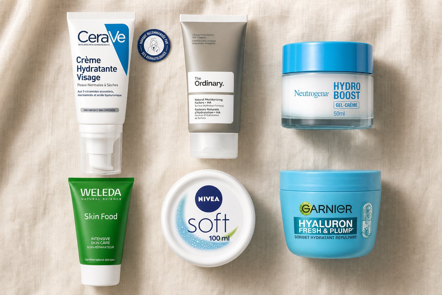 Six crèmes hydratantes pas chères : CeraVe, The Ordinary, Neutrogena, Weleda, Nivea et Garnier