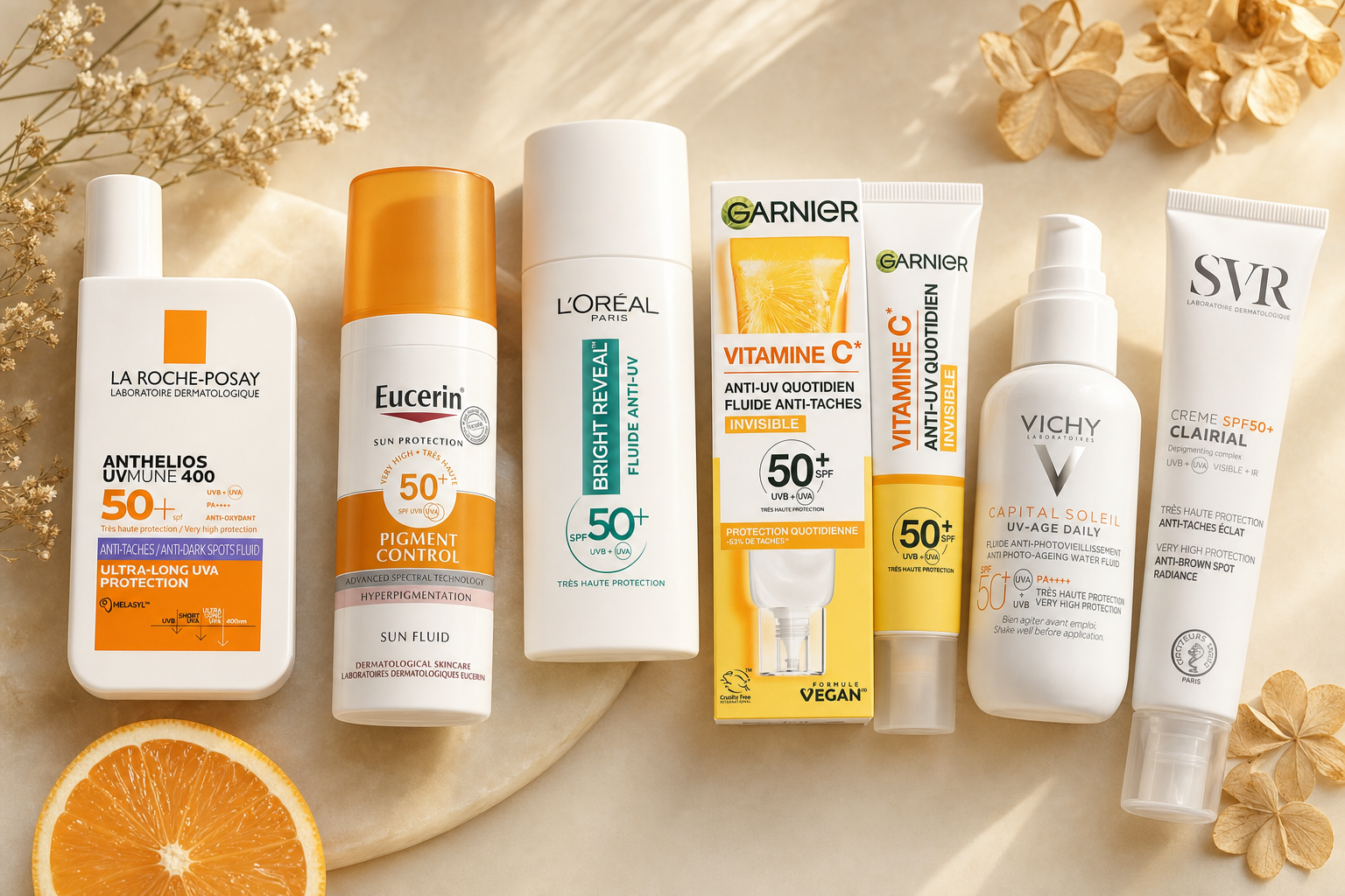 Six crèmes solaires anti-taches visage SPF50 sur fond ivoire