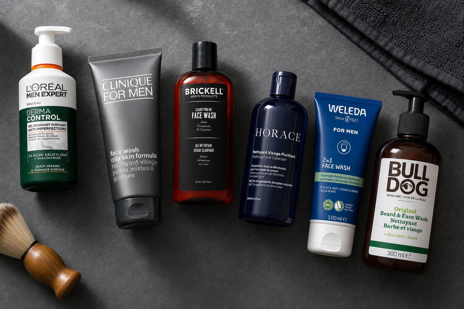 Six nettoyants visage pour homme à peau grasse : L'Oréal Men Expert, Clinique For Men, Brickell, Horace, Weleda et Bulldog
