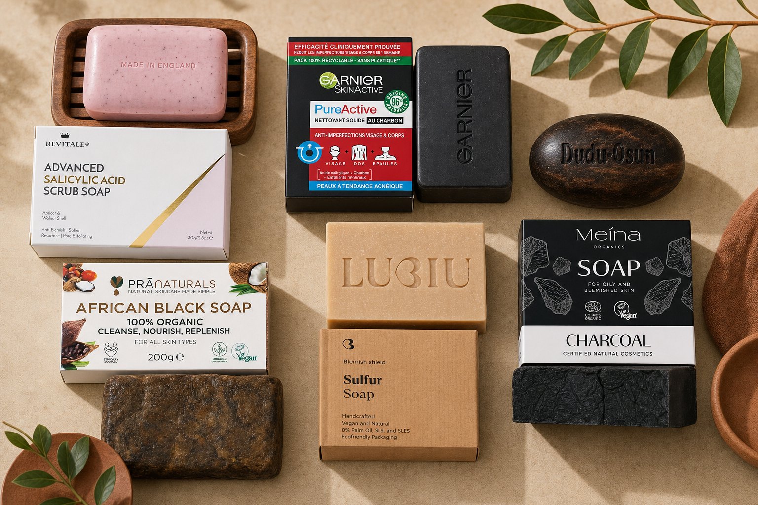 Six savons pour peau noire grasse : savon noir africain, savons à l'acide salicylique, au soufre et au charbon