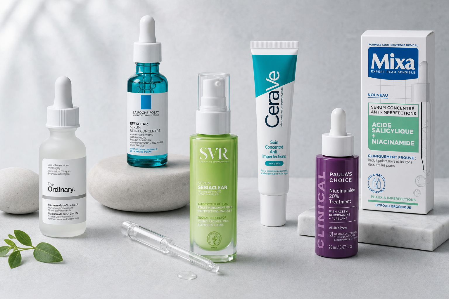 Six sérums pour peau grasse : The Ordinary, La Roche-Posay, SVR, CeraVe, Paula's Choice, Mixa