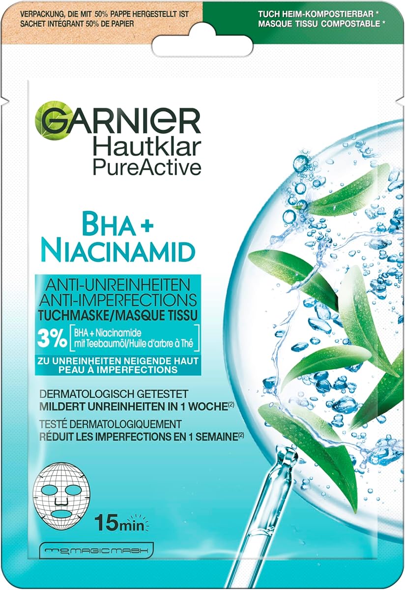 Garnier PureActive masque tissu anti-imperfections BHA niacinamide arbre à thé peau à imperfections