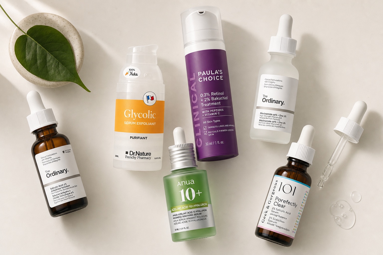 Six soins anti-microkystes : BHA, AHA, niacinamide, azélaïque et rétinol